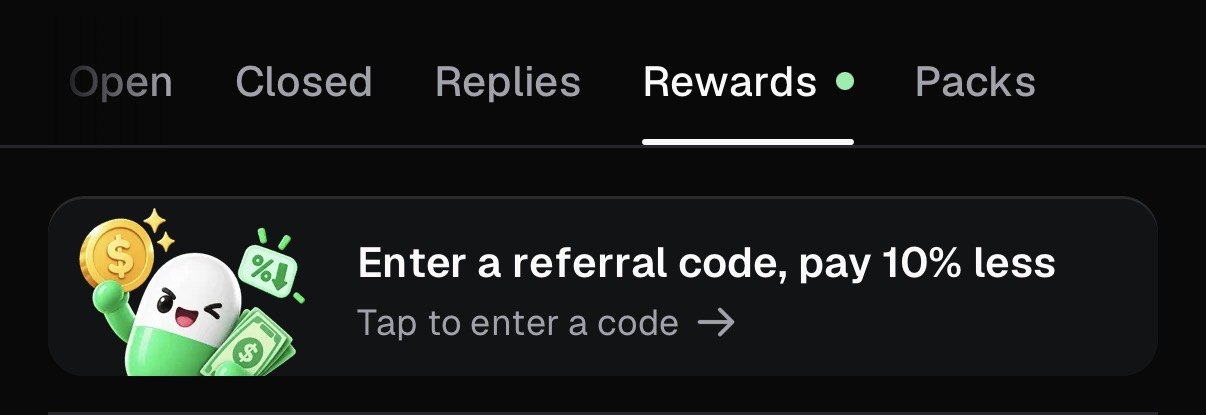 pump.fun Rewards tab with the banner “Enter a referral code, pay 10% less”